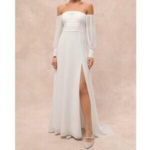 Lulus NWT Adorna White Off-the-Shoulder Semi-Sheer Button Chiffon Maxi Dress XL